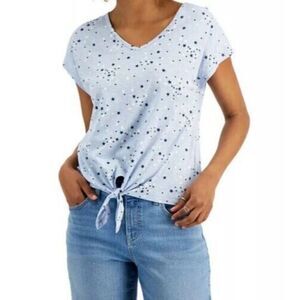 Style & Co Petite Tie-Front V-Neck T-Shirt, PL, Blue Iris Starts, PM